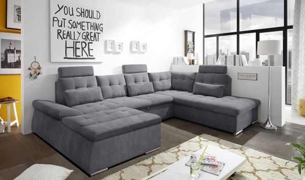 Couch Nalo Sofa Schlafcouch Bettsofa Schlafsofa Sofabett Wohnlandschaft ausziehbar anthrazit Ottomane rechts U-Form