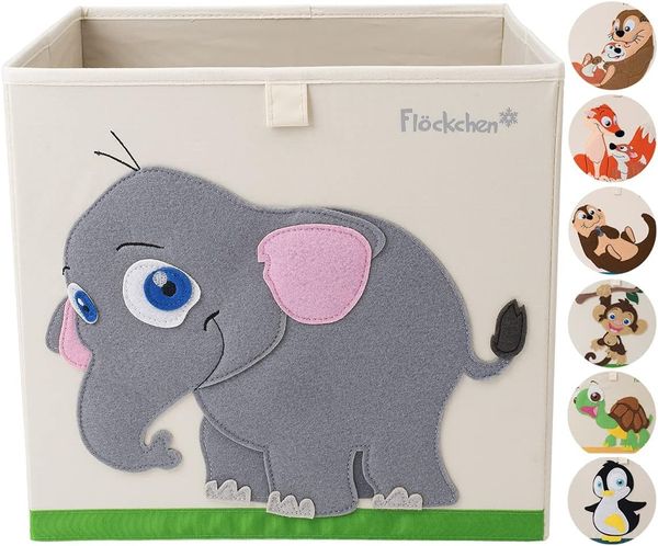 Flöckchen Kinder Aufbewahrungsbox, Spielzeugbox für Kinderzimmer I Spielzeug Box (33 x 33 x 33) passt ins Kallax Regal I Kinder Motiv Tiere (Emilia der Elefant)