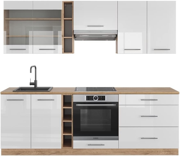 Küchenzeile Fame-Line Weiß Hochglanz/Goldkraft Eiche 235 cm ohne Arbeitsplatte Vicco