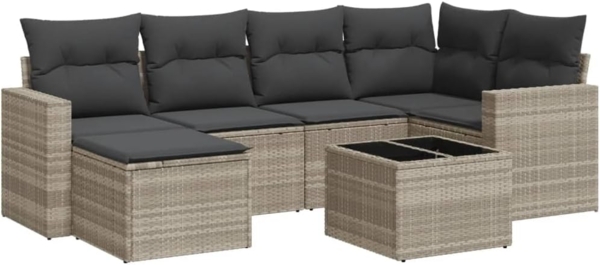 vidaXL 7-tlg. Garten-Sofagarnitur mit Kissen Hellgrau Poly Rattan 3251609