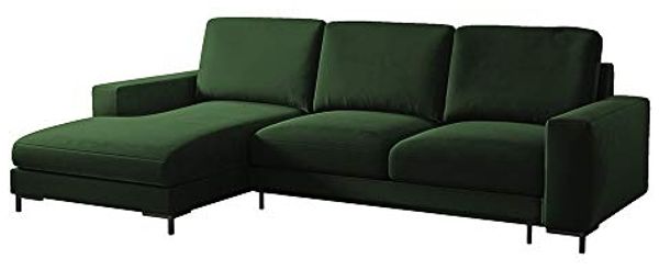 Selsey Mokpeo - Ecksofa mit Schlaffunktion, Bettkasten und schwarzen Füßen, 244 cm breit (Veloursbezug Flaschengrün, Ottomane Links)