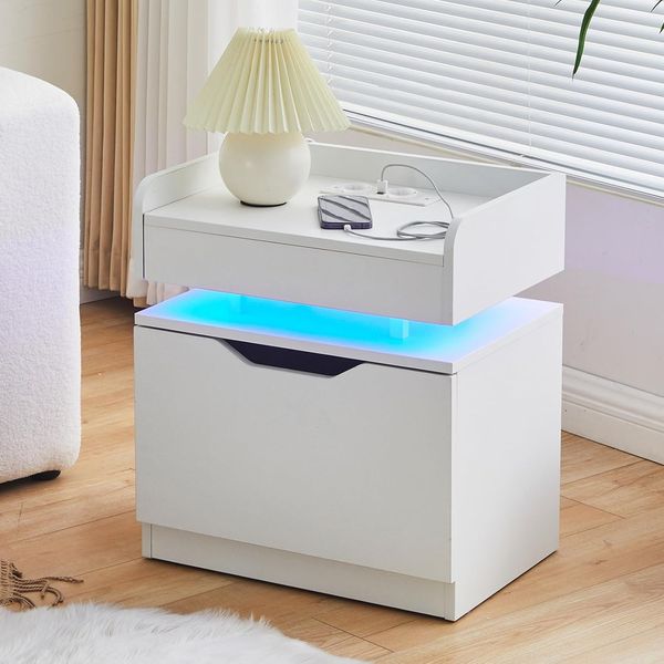 TUKAILAI Nachttisch mit LED, Nachttische Weiß mit 1 große Schublade und Ladestation, nachtschrank Schrank mit Lagerung und USB-Ladeanschluss, für Schlafzimmer Wohnzimmer, Nightstand, 35 x 50 x 55.5 cm