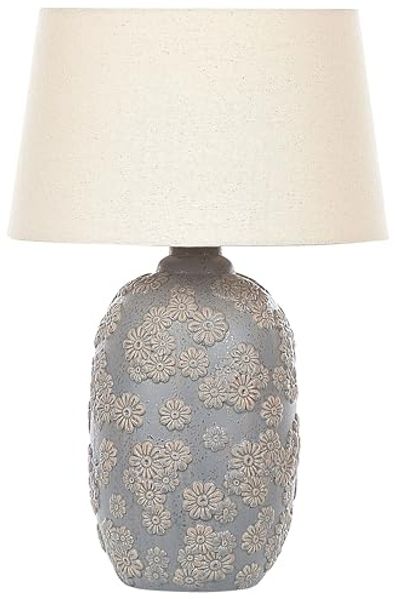 'Ferrey' Tischlampe Grau und Beige Keramik Blumenmuster 46 cm Stoffschirm Kegelform langes Kabel mit Schalter handgefertigt Schlaf- u. Wohnzimmer