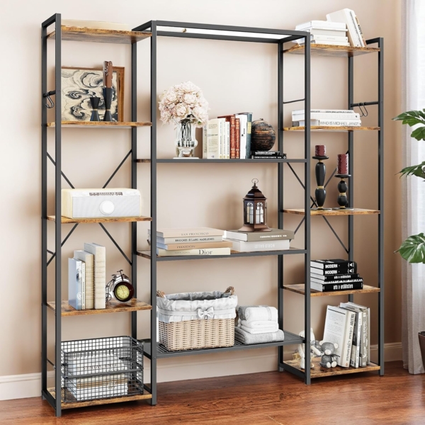 YITAHOME Industrie Bücherregal, Standregal mit 13 Regalböden, Holzregale und Regaleinheit mit Metallrahmen, Bücherständer und Lagerregal, für Wohnzimmer, Heimbüro, Vintagebraun Bild 3