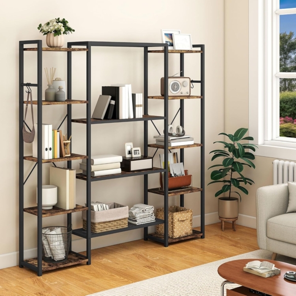 YITAHOME Industrie Bücherregal, Standregal mit 13 Regalböden, Holzregale und Regaleinheit mit Metallrahmen, Bücherständer und Lagerregal, für Wohnzimmer, Heimbüro, Vintagebraun Bild 1