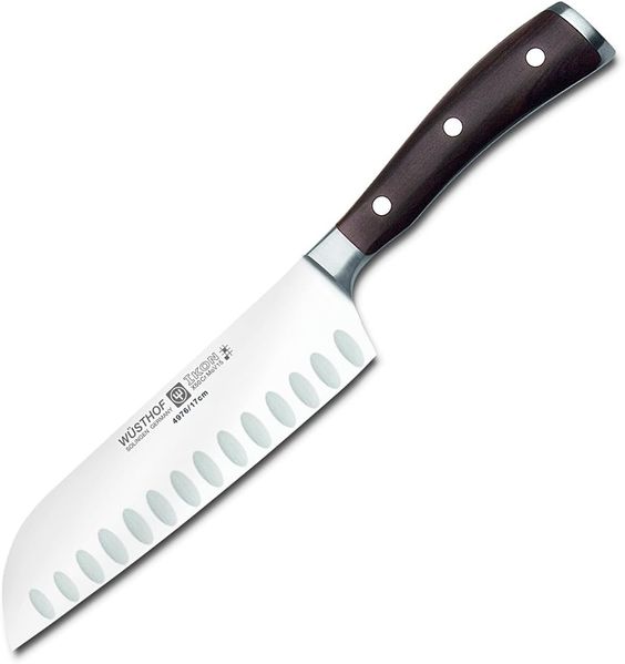 Wüsthof Santoku, Ikon (4976), 17 cm Klinge mit Kullenschliff, geschmiedeter Doppelkropf, Edelstahl, Grenadill-Holzgriff, asiatisches Kochmesser