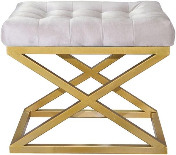Atelier Del Sofa Stylish Pouffe with Metal Frame, 50 cm Width, 42 cm Height, 40 cm Depth | 100% Polyester Babyface, Elegant Gold & White Design | Perfect for Modern Living Spaces