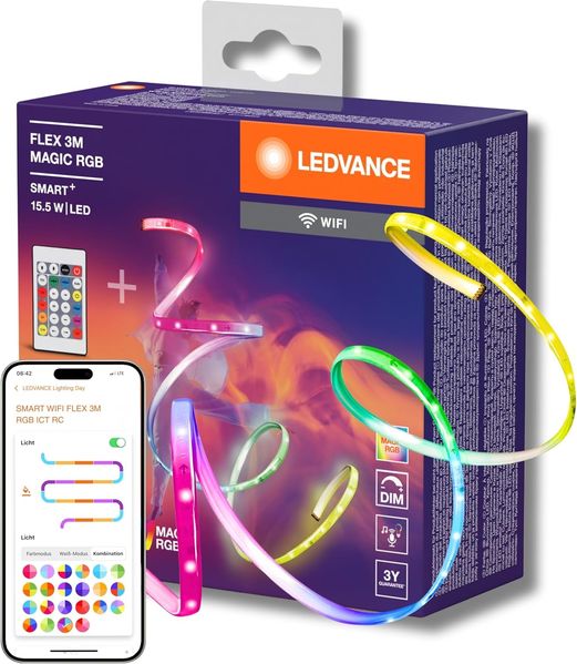 Ledvance SMART+ WIFI FLEX 3M LED-Streifen, weiß, 15W, 350lm, dimmbar, dynamisches Magic-RGB Lichteffekt, individuelle Lichtfarbenwahl, App-steuerbar, lange Lebensdauer, einfache Montage, IP20