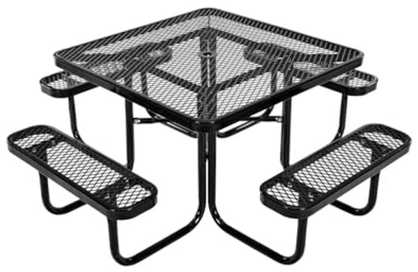 VEVOR Picknicktisch (quadratisch) mit 4 Bänken Sitzgarnitur, wetterfestes Gartenmöbel-Set für Terrasse, beschichtete Stahltische mit Loch für Schirm, Gartengarnitur für Hinterhof Veranda (schwarz)