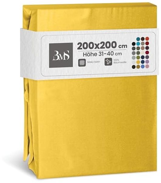 Bettwaesche-mit-Stil Mako-Satin Spannbettlaken gelb 200x200cm Höhe 31-40cm