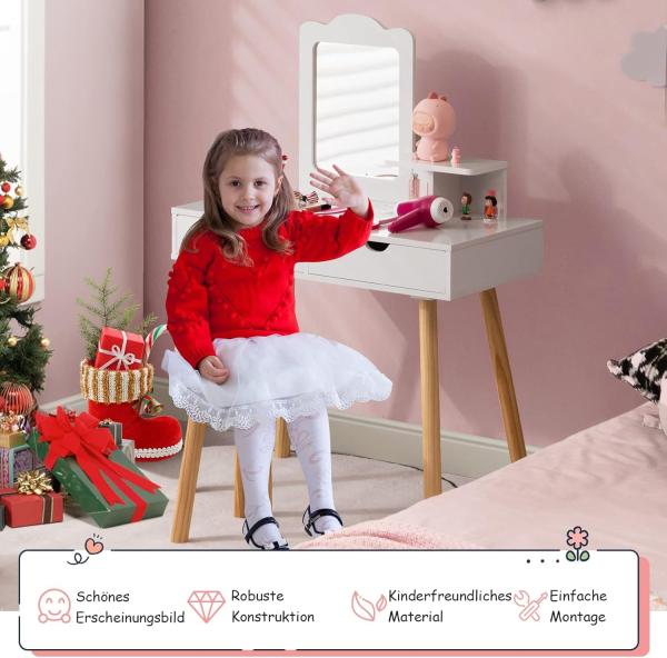 COSTWAY Kinder Schminktisch Set, 2 in 1 Frisiertisch Schreibtisch & Hocker mit abnehmbarem Spiegel, 2 Schubladen, Kamm, Schminkkommode Holz für Mädchen im Alter von 3-7 Jahren Bild 5