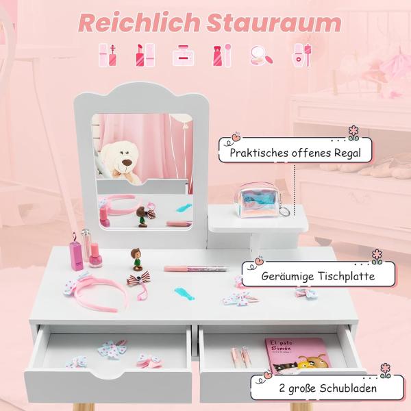 COSTWAY Kinder Schminktisch Set, 2 in 1 Frisiertisch Schreibtisch & Hocker mit abnehmbarem Spiegel, 2 Schubladen, Kamm, Schminkkommode Holz für Mädchen im Alter von 3-7 Jahren Bild 3