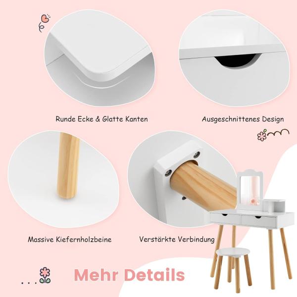 COSTWAY Kinder Schminktisch Set, 2 in 1 Frisiertisch Schreibtisch & Hocker mit abnehmbarem Spiegel, 2 Schubladen, Kamm, Schminkkommode Holz für Mädchen im Alter von 3-7 Jahren Bild 4