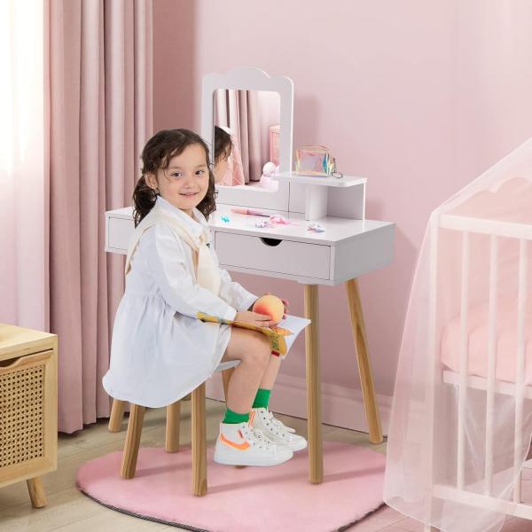 COSTWAY Kinder Schminktisch Set, 2 in 1 Frisiertisch Schreibtisch & Hocker mit abnehmbarem Spiegel, 2 Schubladen, Kamm, Schminkkommode Holz für Mädchen im Alter von 3-7 Jahren Bild 9