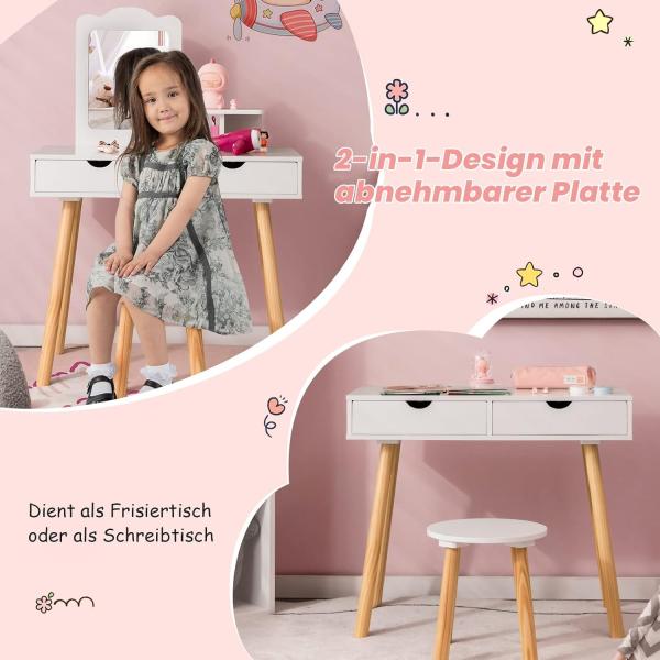 COSTWAY Kinder Schminktisch Set, 2 in 1 Frisiertisch Schreibtisch & Hocker mit abnehmbarem Spiegel, 2 Schubladen, Kamm, Schminkkommode Holz für Mädchen im Alter von 3-7 Jahren Bild 2