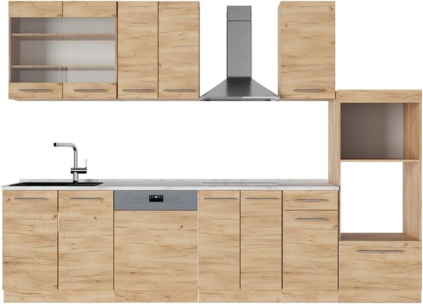 Küchenzeile Fame-Line Goldkraft Eiche 300 cm mit Hochschrank, AP Marmor Vicco