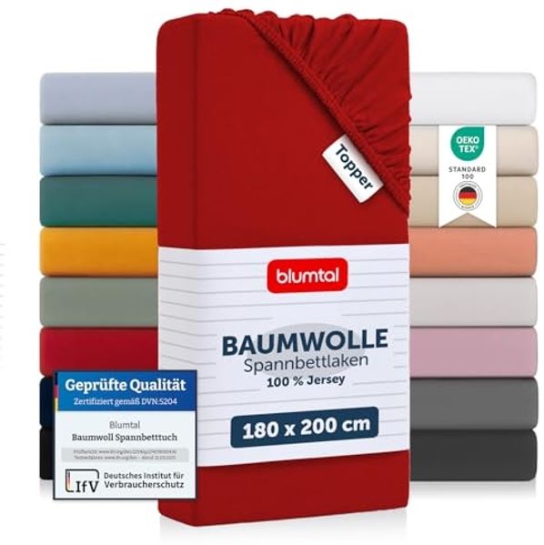 Blumtal® Basics Jersey Spannbettlaken 180x200 cm -Oeko-TEX Zertifiziert, 100% Baumwolle Bettlaken, bis 7cm Topperhöhe, Rot