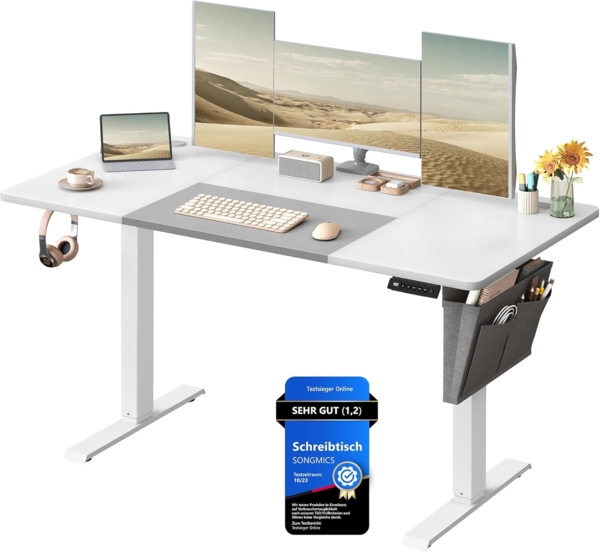 SONGMICS Schreibtisch, elektrisch höhenverstellbar 72-120 cm, mit Memory-Funktion, Basisweiß-Taubengrau, 72 x 60 x 140 cm