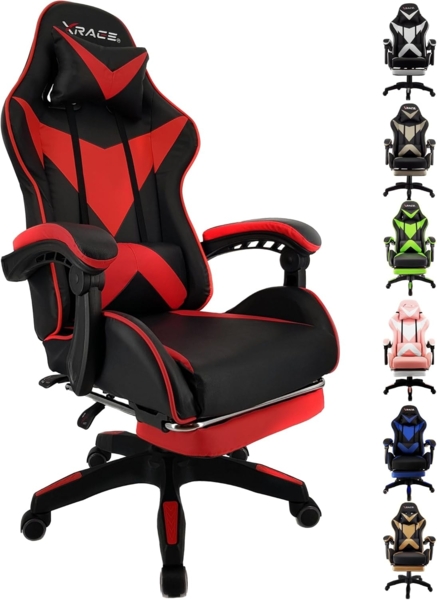 xRace Gaming-Stuhl Hoher Drehstuhl aus Leder mit Lendenwirbelstütze, Kopfstütze und Fußstütze, verstellbar, neigbar, Rennstil (Rot)