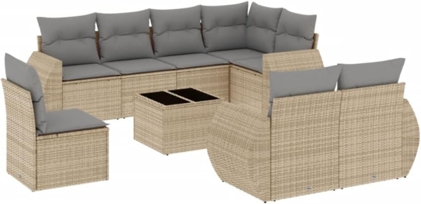 vidaXL 9-tlg. Garten-Sofagarnitur mit Kissen Beige Poly Rattan 3253986