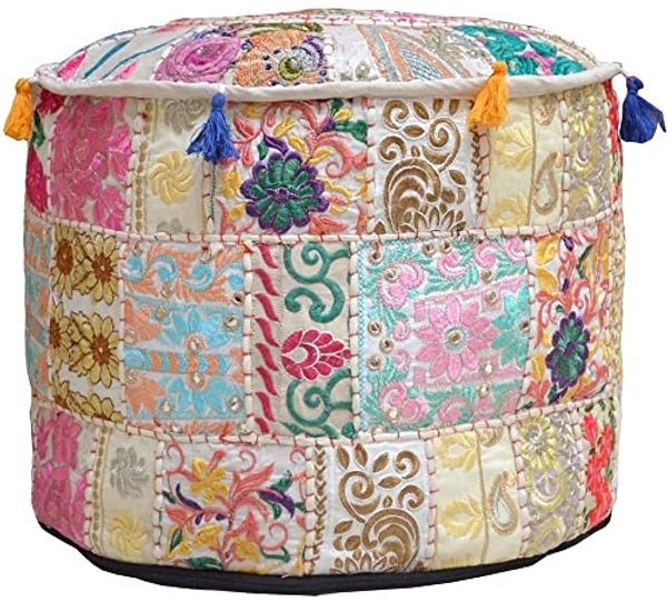 Aakriti Indian Pouf Fußhocker mit Stickerei Pouf, indische Baumwolle, Pouffe osmanischen Pouf Cover mit ethnischem Dekor Kunst - Cover (Beige, 46x33 cms)