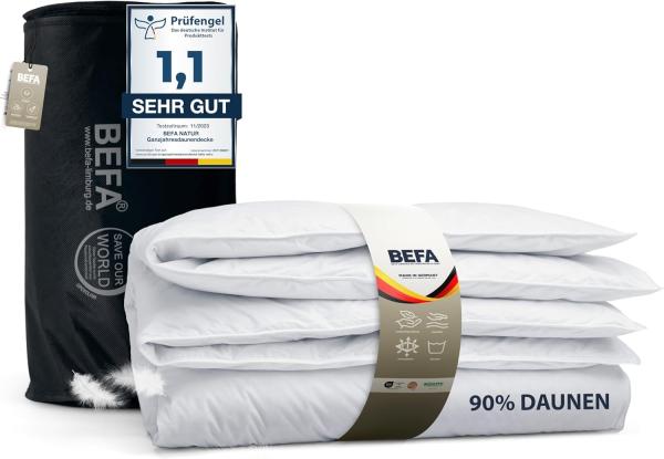 BEFA NATUR Daunenbettdecke kuschelig weiche Premium-Ganzjahresdecke, 4-Jahreszeitendecke, Füllung: 90% Daunen, 10% Federn, Made in Germany - Bettdecke Größe 135x200 155x220 200x200 erhältlich