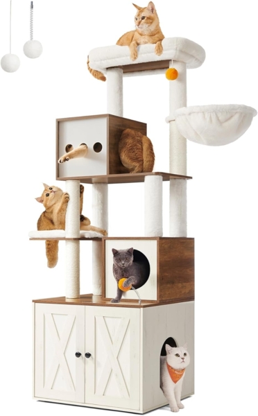 Feandrea Kratzbaum, Katzenbaum mit Katzenklo-Schrank, 185 cm hoch, Katzenkratzbaum, Kratzsäule, Plattform, waschbares Kissen, Honigbraun-Vintageweiß