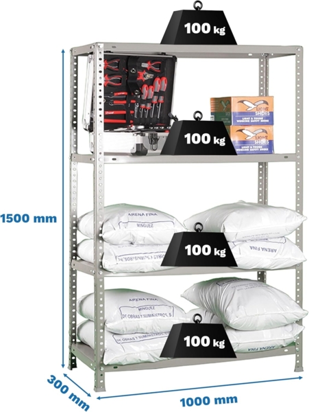 Simonrack Schwerlastregal, Lagerregal, 150 x 100 x 30 Metallregal, Kellerregal, Biegestelle 100 kg, 4 Fachböden, Grau - Comfort Bild 3