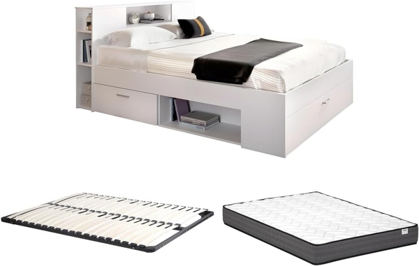 Vente-unique - Bett mit Kopfteil, Stauraum & Schubladen + Lattenrost + Matratze - 160 x 200 cm - Weiß - LEANDRE