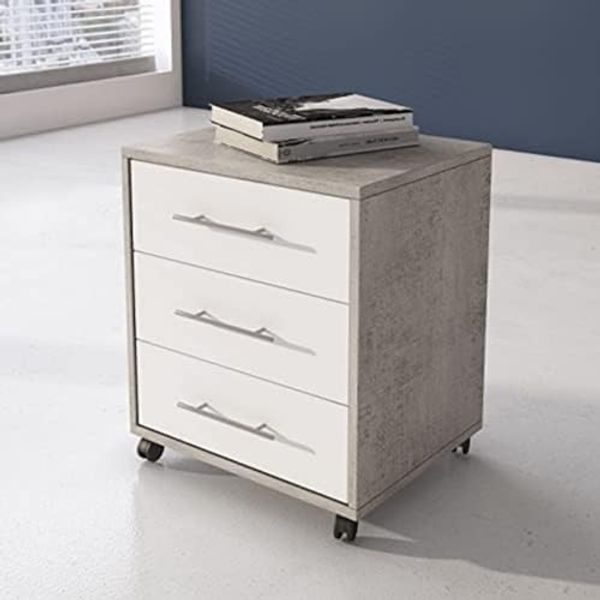 Dmora Bürokommode mit 3 Schubladen auf Rollen, Dokumentenhalter, eleganter Schreibtisch-Nachttisch, cm 43x40h57, Farbe Zement und Weiß