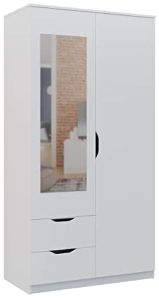 Oggi Doppeltüriger Kleiderschrank Schrank mit Spiegel 2 Schubladen und 1 Regal Geeignet für Wohnzimmer Flur Aus Schichtstoffplatte 40 x 122 x 50 cm Weiß Matt
