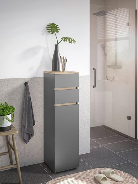 moebel-dich-auf Badkommode LONDRES (Badezimmerschrank Badschrank, mit 1 Tür und 2 Schubkästen, BxH 30x108 cm), in kaschmir oder anthrazit, Absetzung: Cremona Eiche