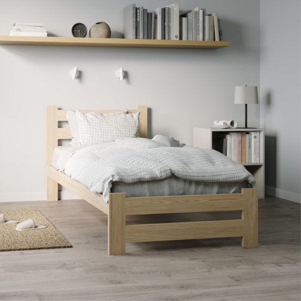 Home Collective Holzbett mit Lattenrost Modern Bett Kiefer Bettgestell Massivholzbett Klassisch (90x200, 120x200, 140x200, 160x200 cm), Einzelbett, Skandi Boho Landhaus Kopfteil hoch 90x200 cm natur