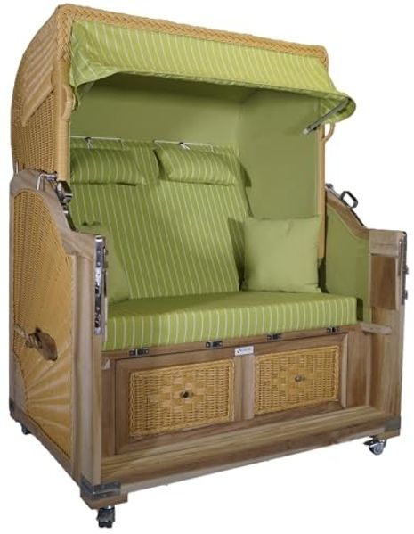 Strandkorb Teak XL grün / nadelstreifen weiß 2½ Sitzer Voll-Liegemodell