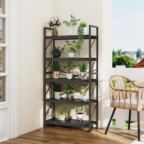 YITAHOME Bücherregal mit 5 Ebenen, Großes Standregal, Holzregal und Metallrahmen, Industrieregal, Bodenstehendes Lagerregal, für Wohnzimmer, Home Office, Schwarz Regal Bild 6