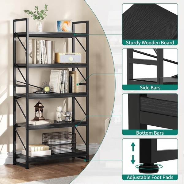 YITAHOME Bücherregal mit 5 Ebenen, Großes Standregal, Holzregal und Metallrahmen, Industrieregal, Bodenstehendes Lagerregal, für Wohnzimmer, Home Office, Schwarz Regal Bild 5
