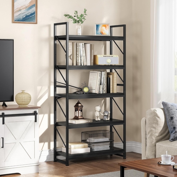 YITAHOME Bücherregal mit 5 Ebenen, Großes Standregal, Holzregal und Metallrahmen, Industrieregal, Bodenstehendes Lagerregal, für Wohnzimmer, Home Office, Schwarz Regal Bild 3