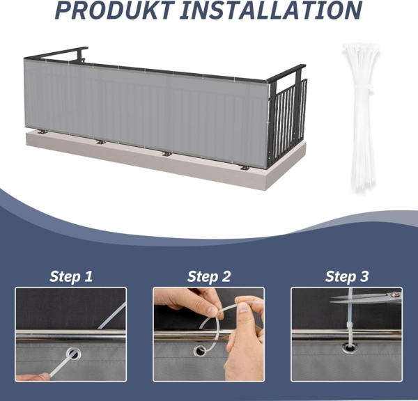 HENG FENG Balkon Sichtschutz 90x400 cm,160g/㎡ PES UV-Schutz Balkonverkleidung, Balkonabdeckung Wetterfest, mit Kabelbindern, Hellgrau Bild 6
