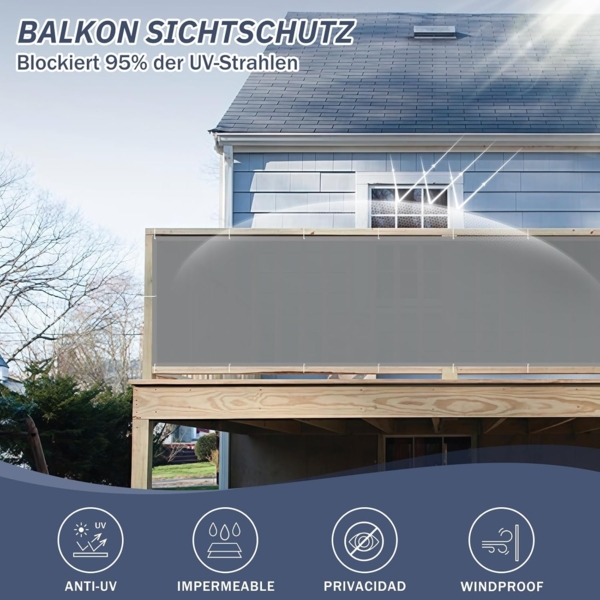 HENG FENG Balkon Sichtschutz 90x400 cm,160g/㎡ PES UV-Schutz Balkonverkleidung, Balkonabdeckung Wetterfest, mit Kabelbindern, Hellgrau Bild 3