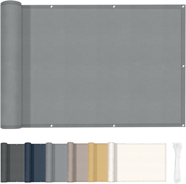 HENG FENG Balkon Sichtschutz 90x400 cm,160g/㎡ PES UV-Schutz Balkonverkleidung, Balkonabdeckung Wetterfest, mit Kabelbindern, Hellgrau Bild 1