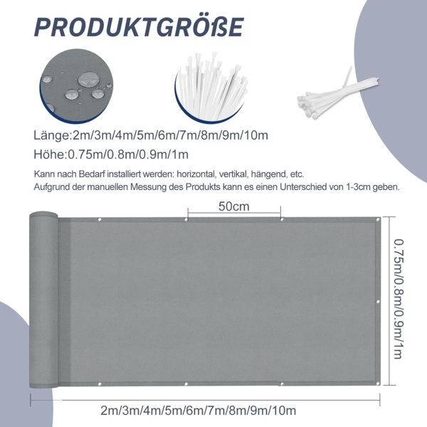 HENG FENG Balkon Sichtschutz 90x400 cm,160g/㎡ PES UV-Schutz Balkonverkleidung, Balkonabdeckung Wetterfest, mit Kabelbindern, Hellgrau Bild 7