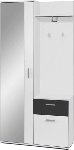 byLIVING Kompakt-Garderobe JAKOB / Korpus in Weiß / Schubladen-Front in Schwarz / Garderobe mit großer Spiegeltür / Fest montiertes Set / Kommode / Schuh-Schrank / B 97, H 195, T 30 cm