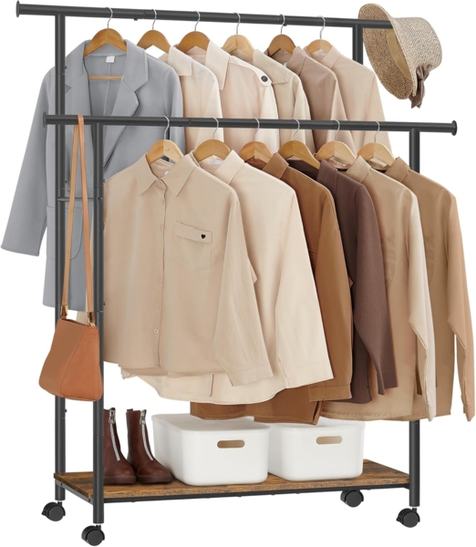 Songmics Kleiderständer, Kleiderstange mit Ablage bis 100 kg belastbar, Vintagebraun-Tintenschwarz