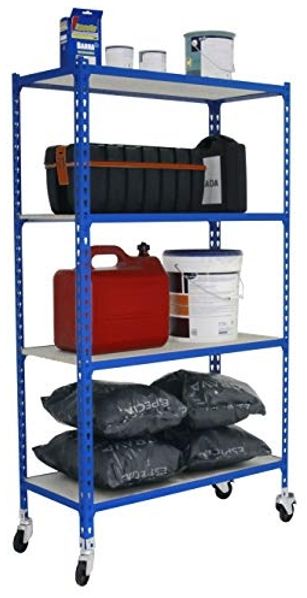 Simon Rack Schwerlastregal mit Rollen, 1575 x 800 x 300 mm, Bis 75 kg Belastbar, 4 Verstellbare Ablagen, MDF-Platten, Kellerregal, Lagerregal, Blau/Holz - Maderclick