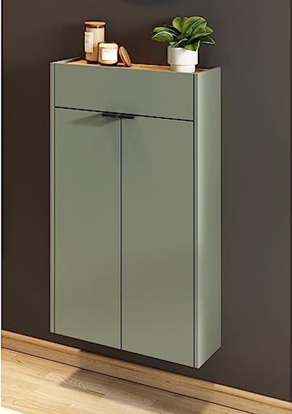 Lomadox Schuhschrank ABERDEEN-01 grün mit Eiche Nb, ideal für schmale Flure, 56/97/22 cm