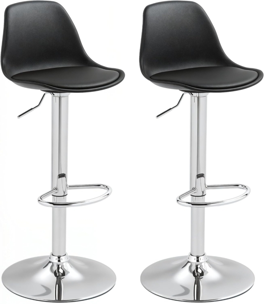HOMCOM Barhocker Gepolstert Barstuhl mit Stahlgestell, Lehne (360° Drehbar Tresenhocker, 2 St, Höhenverstellbar Küchenstühle mit Fußstütze), für Küche, Wohnzimmer, Esszimmer, Kunstleder Schwarz