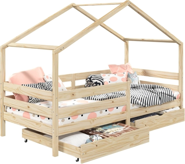 IDIMEX Kinderbett ENA, Hausbett Montessori 90 x 200 Bett Rausfallschutz Kiefer Schubladen Kin