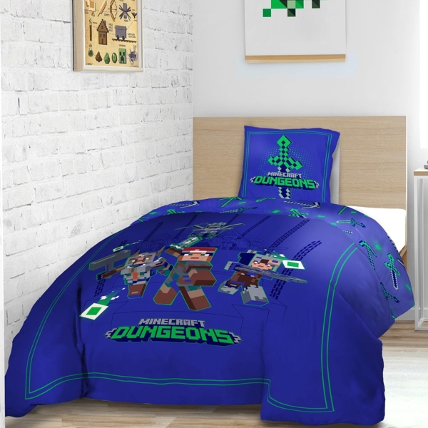 Minecraft Bettwäsche Set für Jungen Kinderbettwäsche 135x200 80x80 cm Motiv Ores mit Steve und Creeper