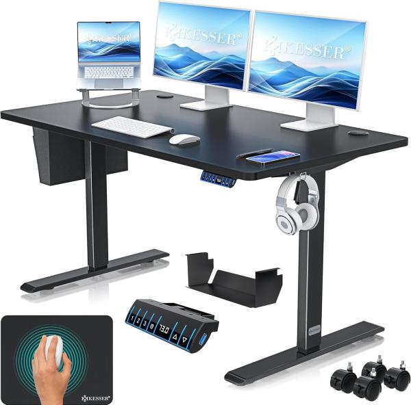 KESSER® Höhenverstellbarer Schreibtisch elektrisch | Ergonomisch Steh-Sitz Schreibtisch | 3-Funktions-Memory Steuerung | Inkl. 360° Rollen & USB-Ladeanschluss | Computertisch für Homeoffice Schwarz, 140x70 cm