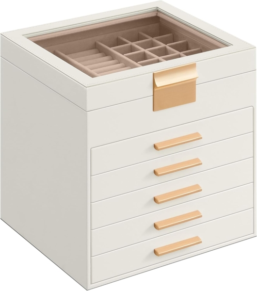 Songmics Schmuckkästchen, Schmuckkasten 6 Ebenen, Schmuckbox mit Glasdeckel, 5 Schubladen, Schmuckaufbewahrung, Stauraum, modern, Geschenkidee, 20,3 x 23,1 x 22,8 cm, wolkenweiß-golden JBCDE176W01